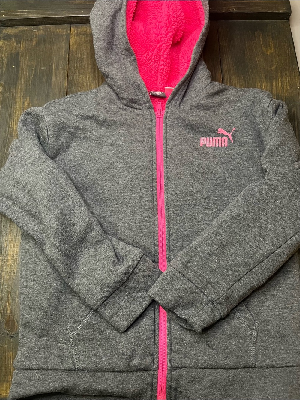 Puma Gray Hoodie with Bright Pink Trim and Lining